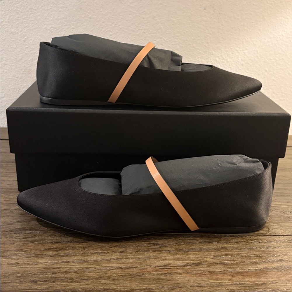 NIB [Saint Laurent] Ballerina Black Satin & Leather Flats Women's EU 39 / US 9 - Picture 8 of 16